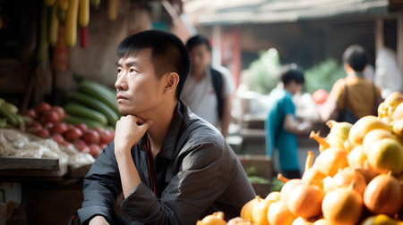 Young asian man in black shirt sitting at the fruit market.の素材