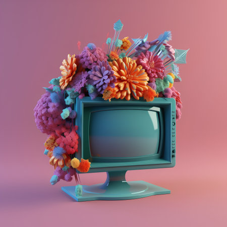 Retro TV with bouquet of flowers. 3d illustration.の素材