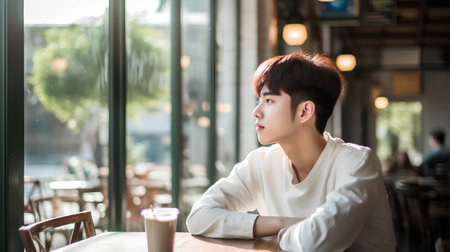 Young asian woman drinking coffee in coffee shop, lifestyle concept.の素材