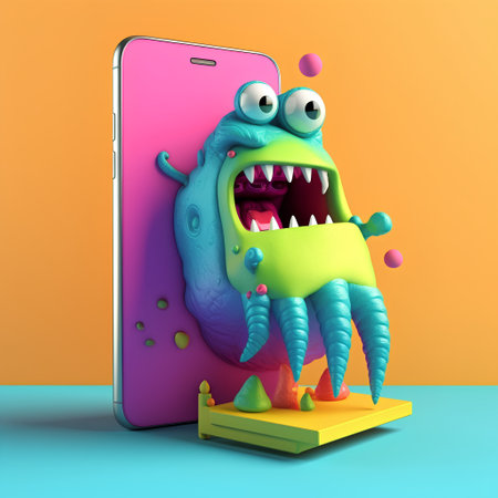 Funny cartoon monster coming out of a smartphone. 3D illustration.の素材
