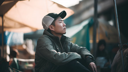 Young asian man in hat sitting on a bench at the street marketの素材