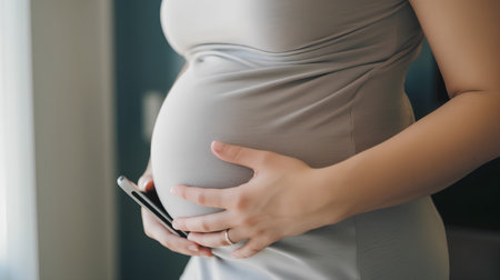 Pregnant woman holding mobile phone in hands, close-upの素材