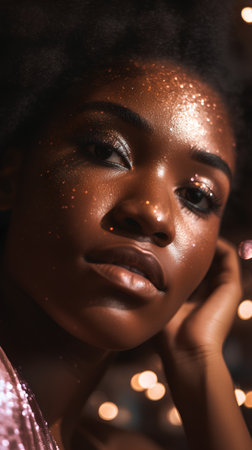 Portrait of a beautiful african american woman with golden glitter makeup.の素材