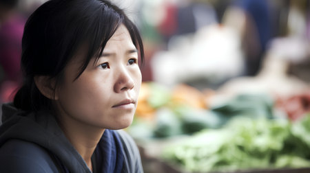 Portrait of a young asian woman at the vegetable market.の素材
