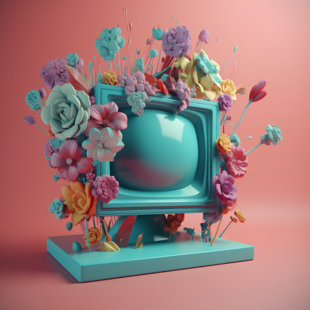 Retro TV with flowers on pink background. 3D illustration.の素材