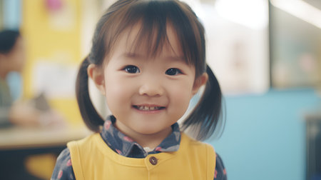 Portrait of cute asian little girl smiling and looking at cameraの素材