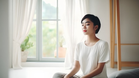 Beautiful asian woman sitting on sofa in living room at homeの素材