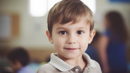 Portrait of cute little boy smiling at camera in school classroom.の素材