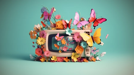 Retro TV with flowers and butterflies on blue background. 3d renderingの素材