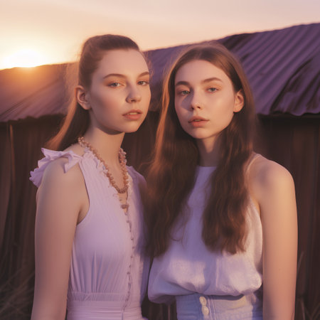 Portrait of two beautiful women in a light dress at sunset.の素材