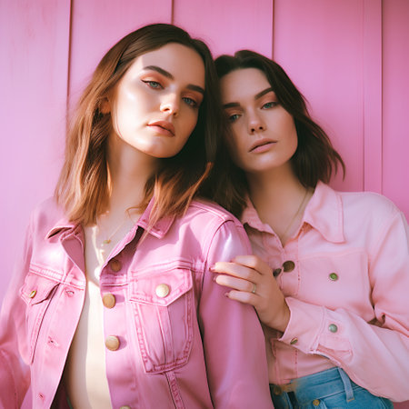 Two beautiful young women in a pink jacket on a pink background.の素材