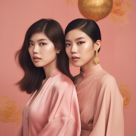 Two beautiful asian women with makeup and hairstyle in pink silk dressの素材