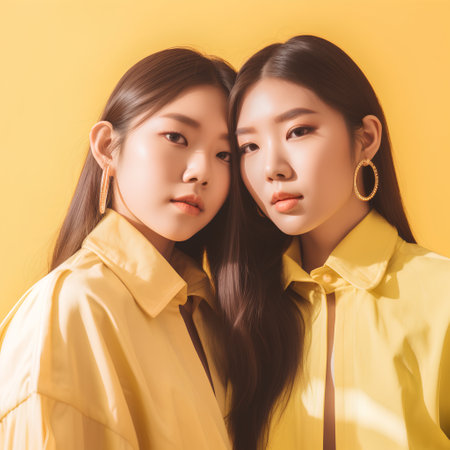 Portrait of two beautiful Asian women in yellow shirts on yellow backgroundの素材