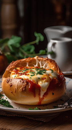 Cheese bun with tomato sauce and parsley on a wooden table.の素材