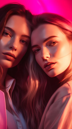 Fashion portrait of two pretty girls in pink and blue light.の素材