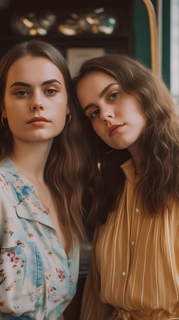 Portrait of two beautiful young women in a cafe. Close-up.の素材