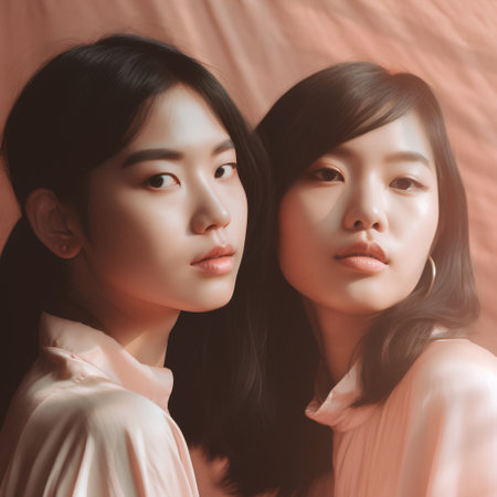 two beautiful young asian women with clean fresh skin, lifestyle people conceptの素材