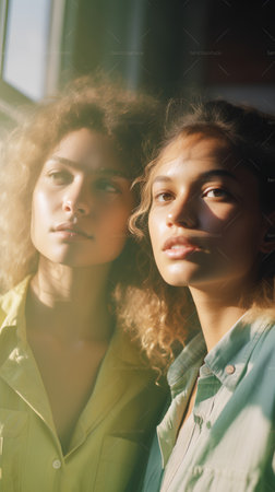 Portrait of two beautiful young women with curly hair looking at cameraの素材