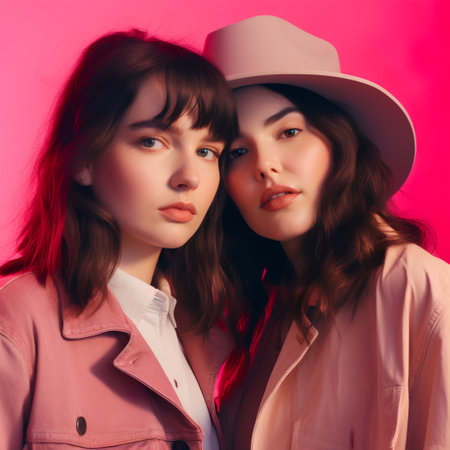 Portrait of two beautiful young women in hats on pink background.の素材