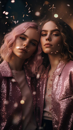 Fashion portrait of two beautiful girls with pink hair and bright makeupの素材