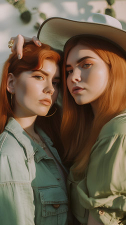 fashion portrait of two beautiful redhead girls in hats posing in autumn parkの素材