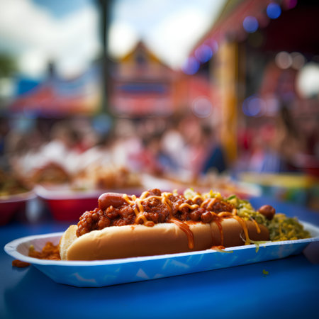 Hot dog in a blue plate with blurred people in the background.の素材
