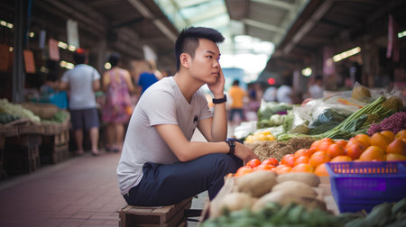 Young handsome Asian man shopping at the market. Concept of healthy lifestyle.の素材
