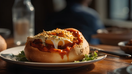 Baguette with tomato sauce and cheese on a wooden table.の素材
