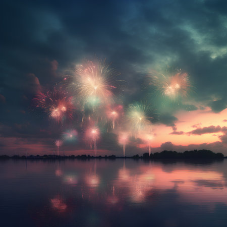 Colorful fireworks over night sky with reflection on water, abstract backgroundの素材