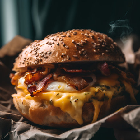 Delicious hamburger with bacon and cheese on a dark background.の素材