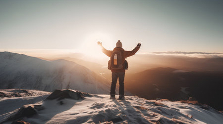 Hiker standing on top of the mountain with raised arms and looking at the sunsetの素材