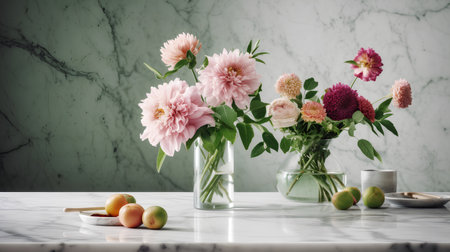 Still life with dahlias and apricotsle tableの素材