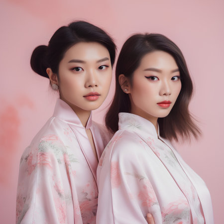two young asian women in kimono on pink background.の素材