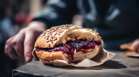 Close-up of a burger with blueberry jam on the tableの素材