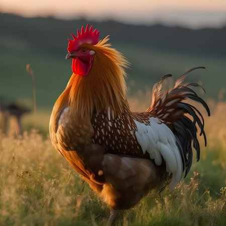 beautiful rooster in a meadow in the light of sunsetの素材
