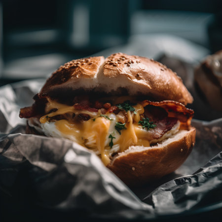 Burger with bacon, egg and cheese on a dark background.の素材