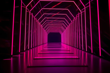 3D Illustration of a Futuristic Tunnel with neon lights.の素材
