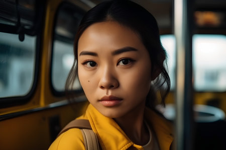 portrait of a beautiful asian girl in yellow jacket on the busの素材
