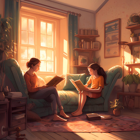 Mother and daughter reading a book in the living room. Illustration.の素材