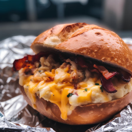 Bacon and scrambled eggs sandwich with bacon and melted cheese. Selective focus.の素材