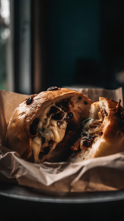 Homemade croissant with raisins and cheese, selective focusの素材