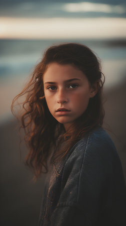 Portrait of a beautiful young woman on the beach at sunset.の素材