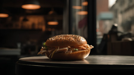 Delicious hamburger on wooden table in cafe. Toned imageの素材