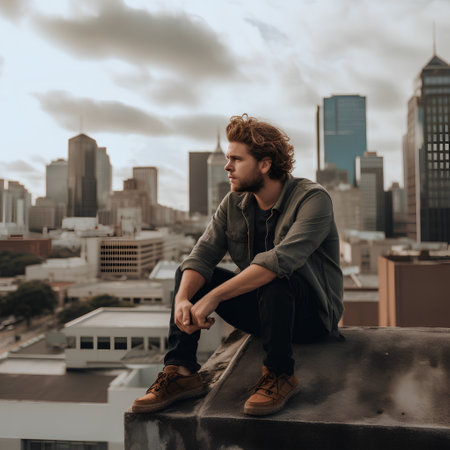 Handsome young man with curly hair wearing casual clothes and posing against view of the cityの素材
