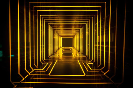 Futuristic tunnel with yellow lights, 3d rendering. Computer digital drawing.の素材