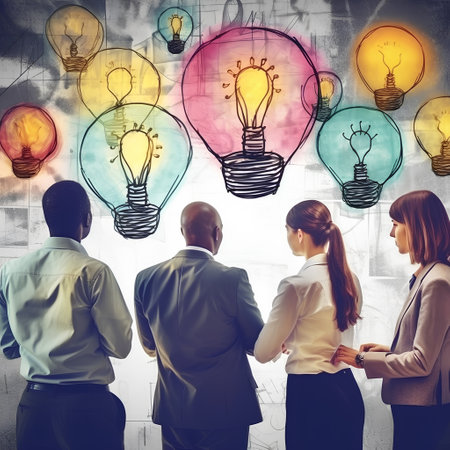 Group of business people looking at colorful lightbulbs drawn on wallの素材