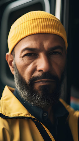 close up portrait of bearded man in yellow raincoat looking at cameraの素材