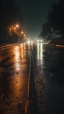 Car light trails on wet asphalt road at night in heavy rain.の素材