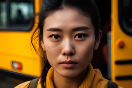 Close-up portrait of a beautiful young asian woman with backpack and school busの素材
