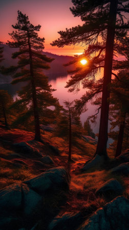 Sunset on the lake in the forest. Landscape with mountains and trees.の素材